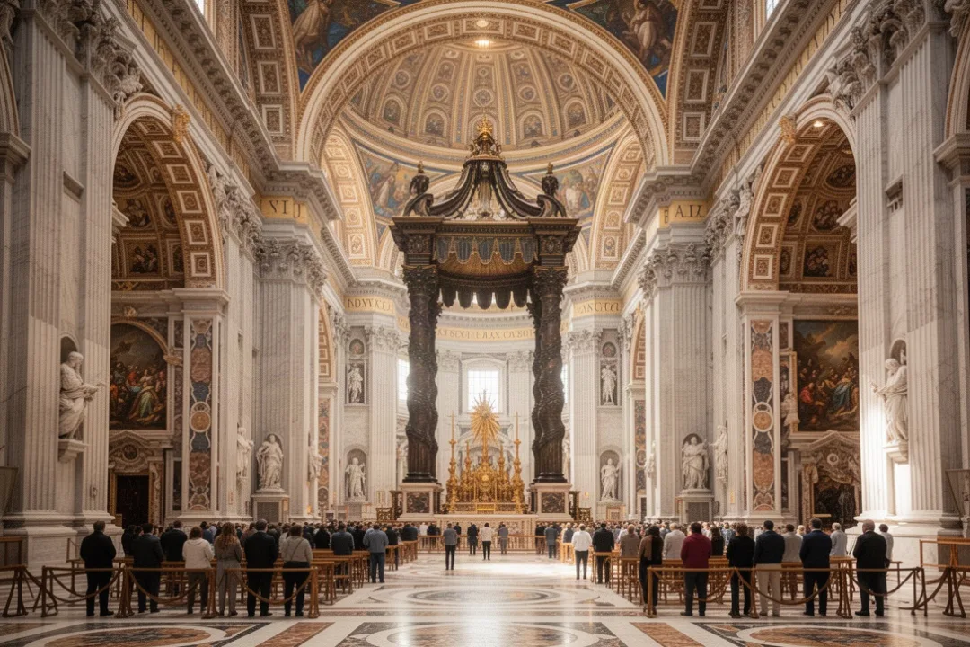 Interno della Basilica di San Pietro con cupola e baldacchino di Bernini